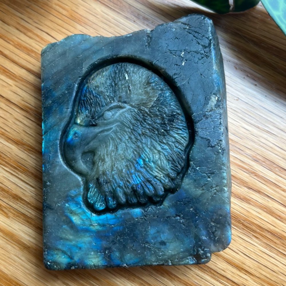 Flashy Labradorite Crystal Eagle Carved Slab Slice blue, witchy gift